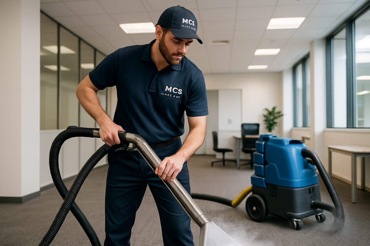 MCS professional cleaner in branded uniform operating carpet cleaning equipment