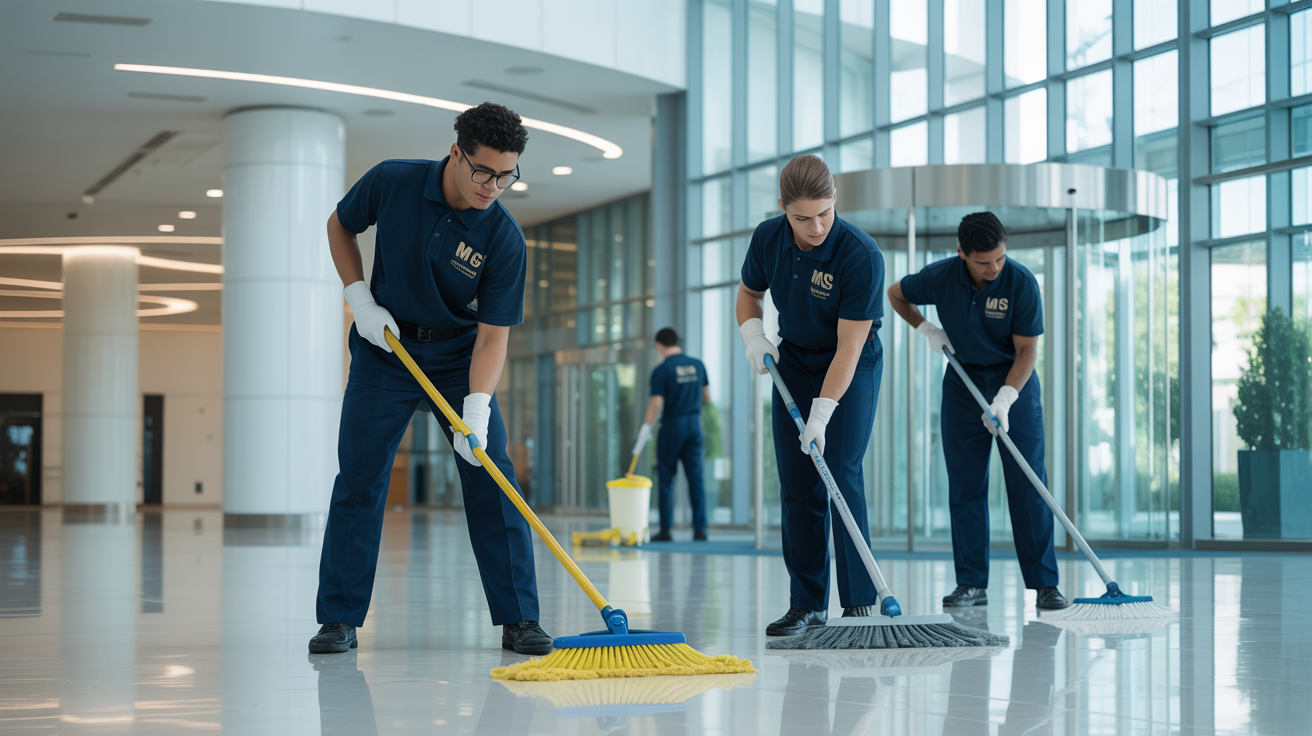 Professional MCS cleaning team working together in large modern office building entrance