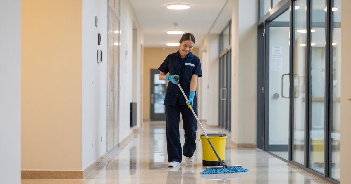 Professional communal area cleaning showing clean residential building entrance and shared spaces
