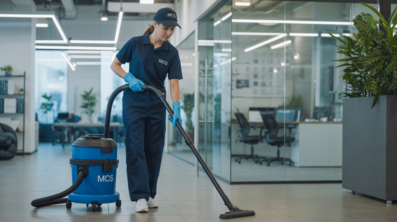 MCS professional using commercial cleaning equipment during office deep cleaning service