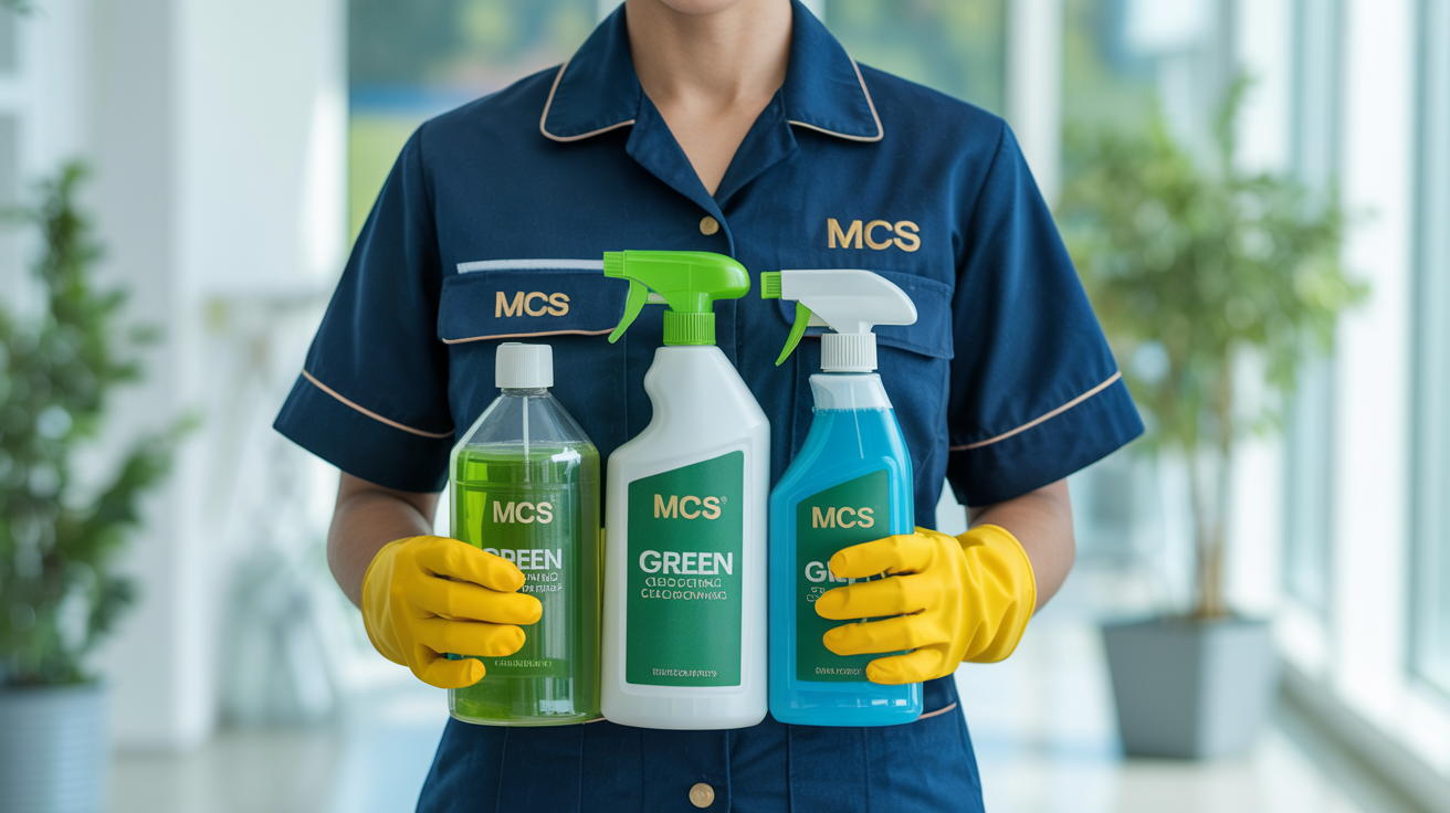 MCS cleaner in branded uniform displaying eco-friendly green cleaning products and supplies