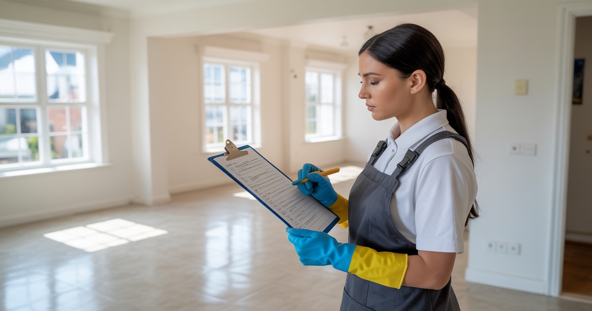 End of tenancy cleaning checklist with professional cleaner inspecting empty property