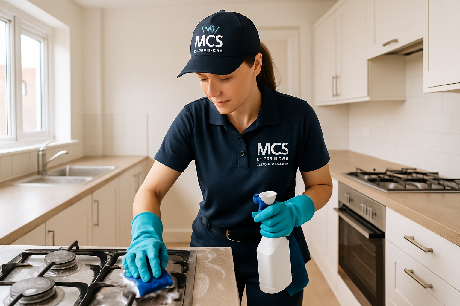 MCS professional cleaner in branded uniform performing deep end of tenancy cleaning