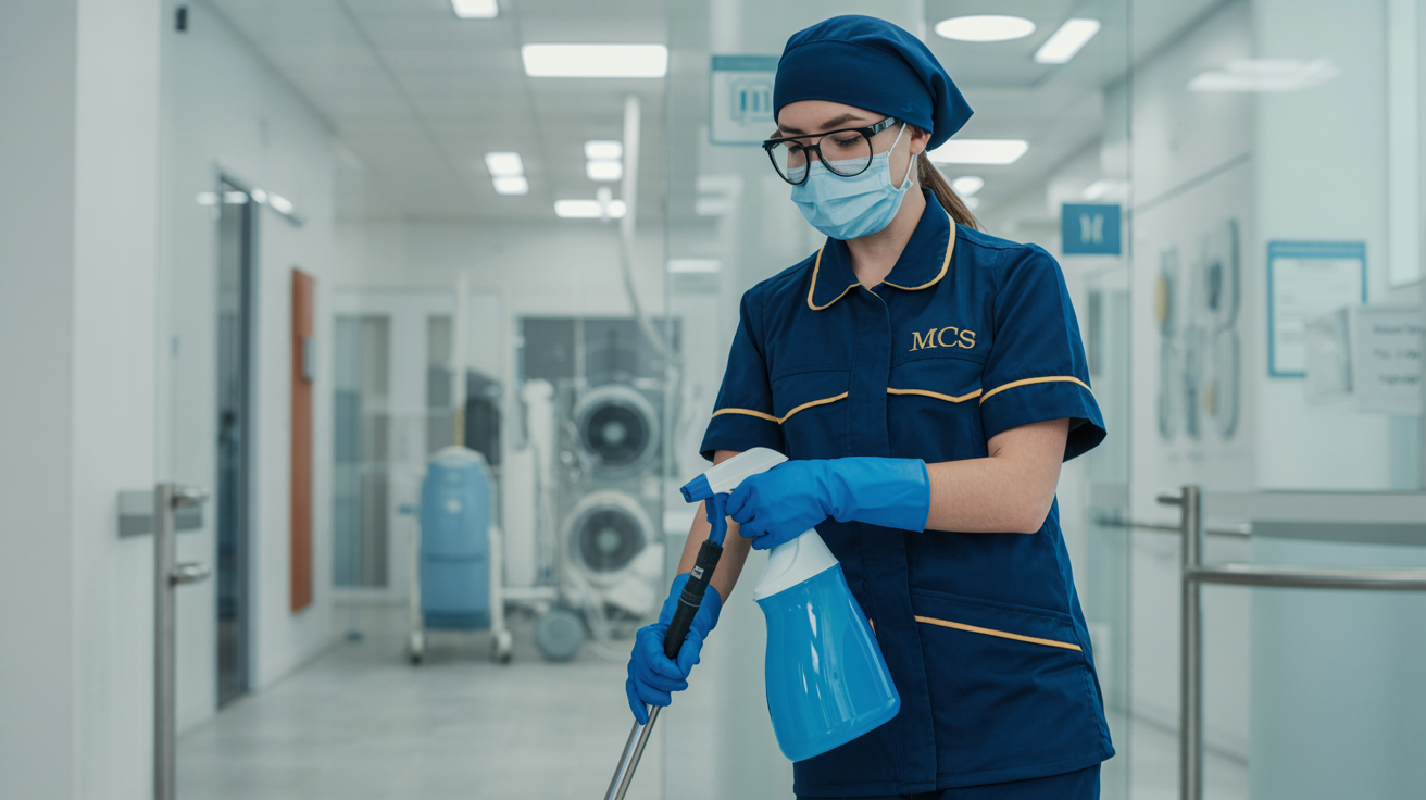 MCS cleaner in medical facility wearing proper PPE and using specialized healthcare cleaning equipment