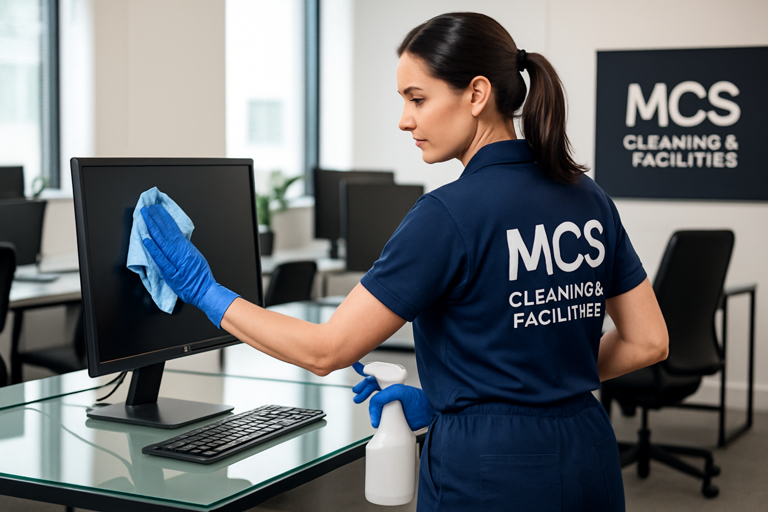 MCS professional cleaner in branded uniform cleaning modern office workspace