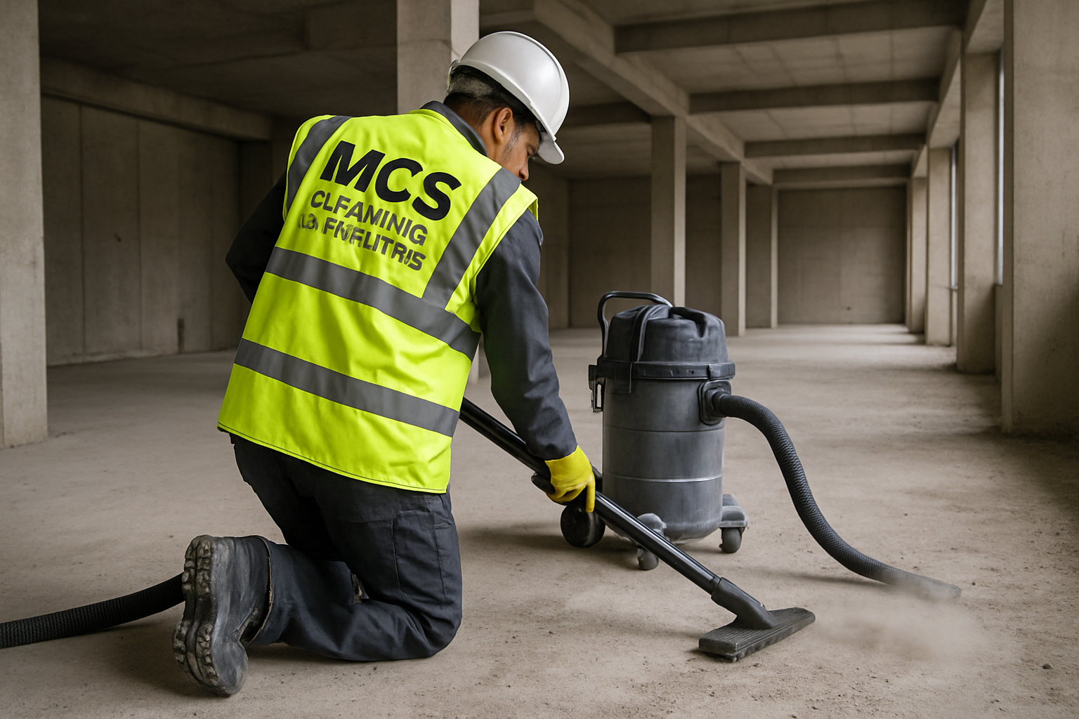 MCS professional cleaner in safety gear with branded uniform cleaning construction site