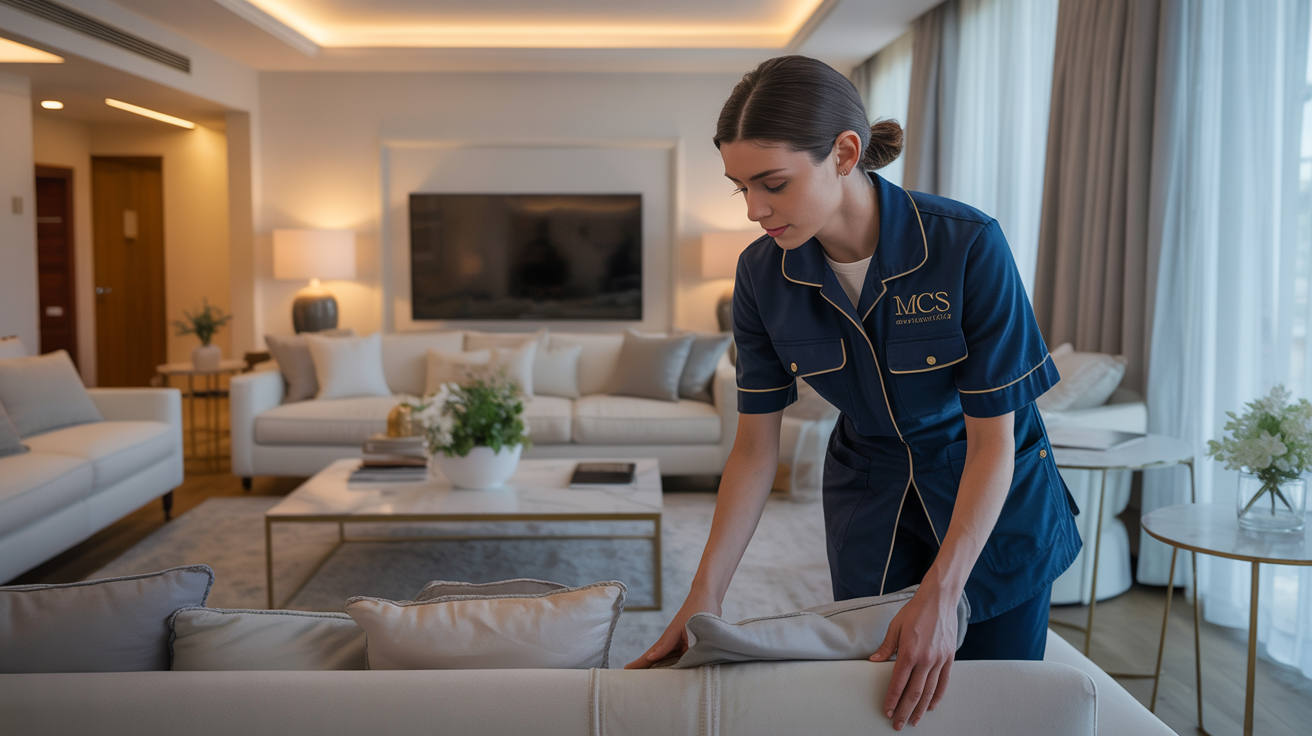MCS cleaner in branded uniform arranging spotless living room for 5-star guest preparation