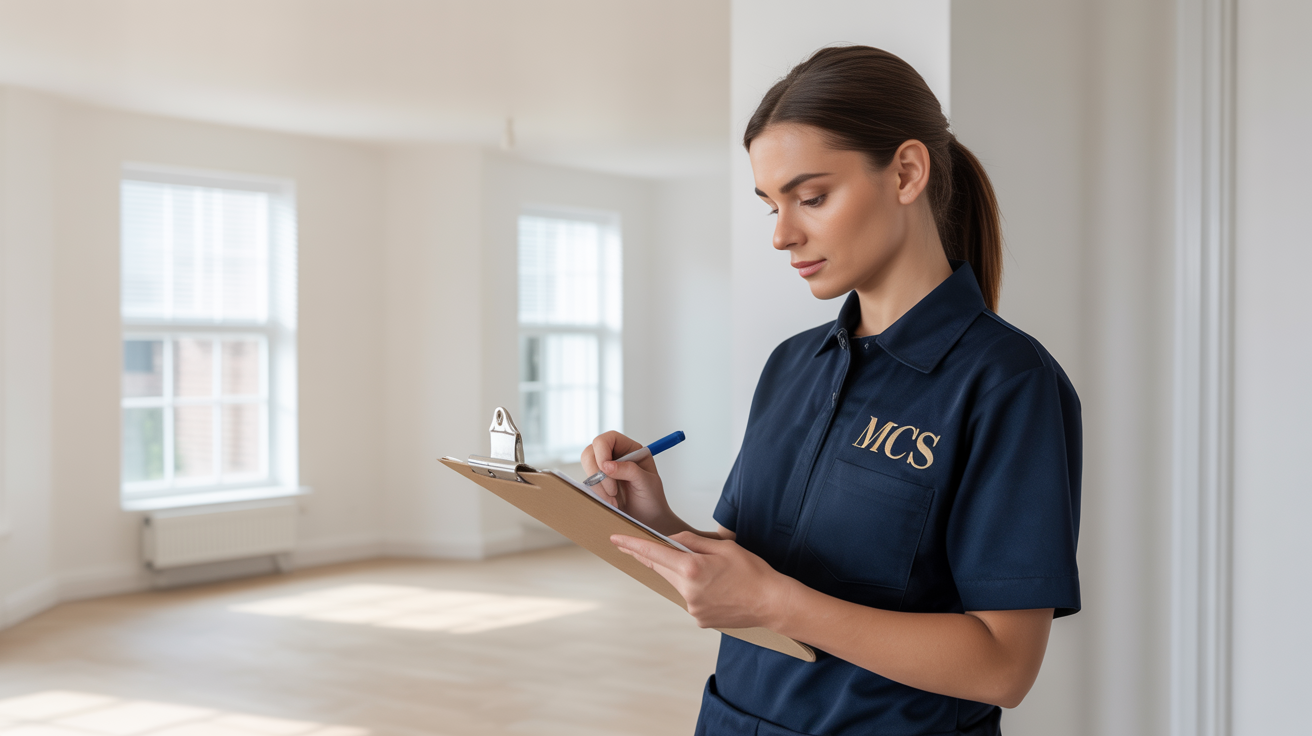 MCS cleaner with clipboard conducting thorough end-of-tenancy inspection in clean empty property