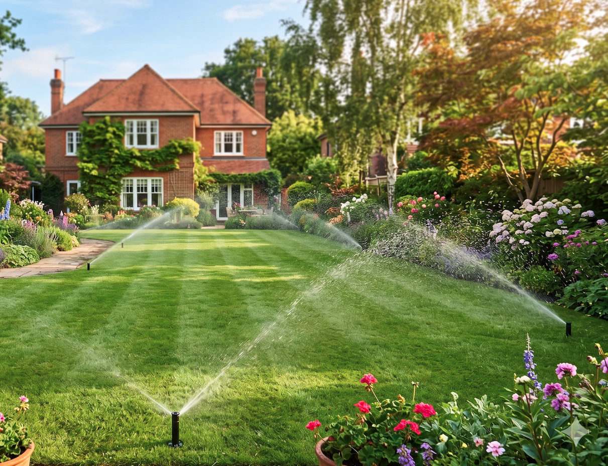 Pop-up sprinklers watering a large lawn with colourful borders and a detached home in the background