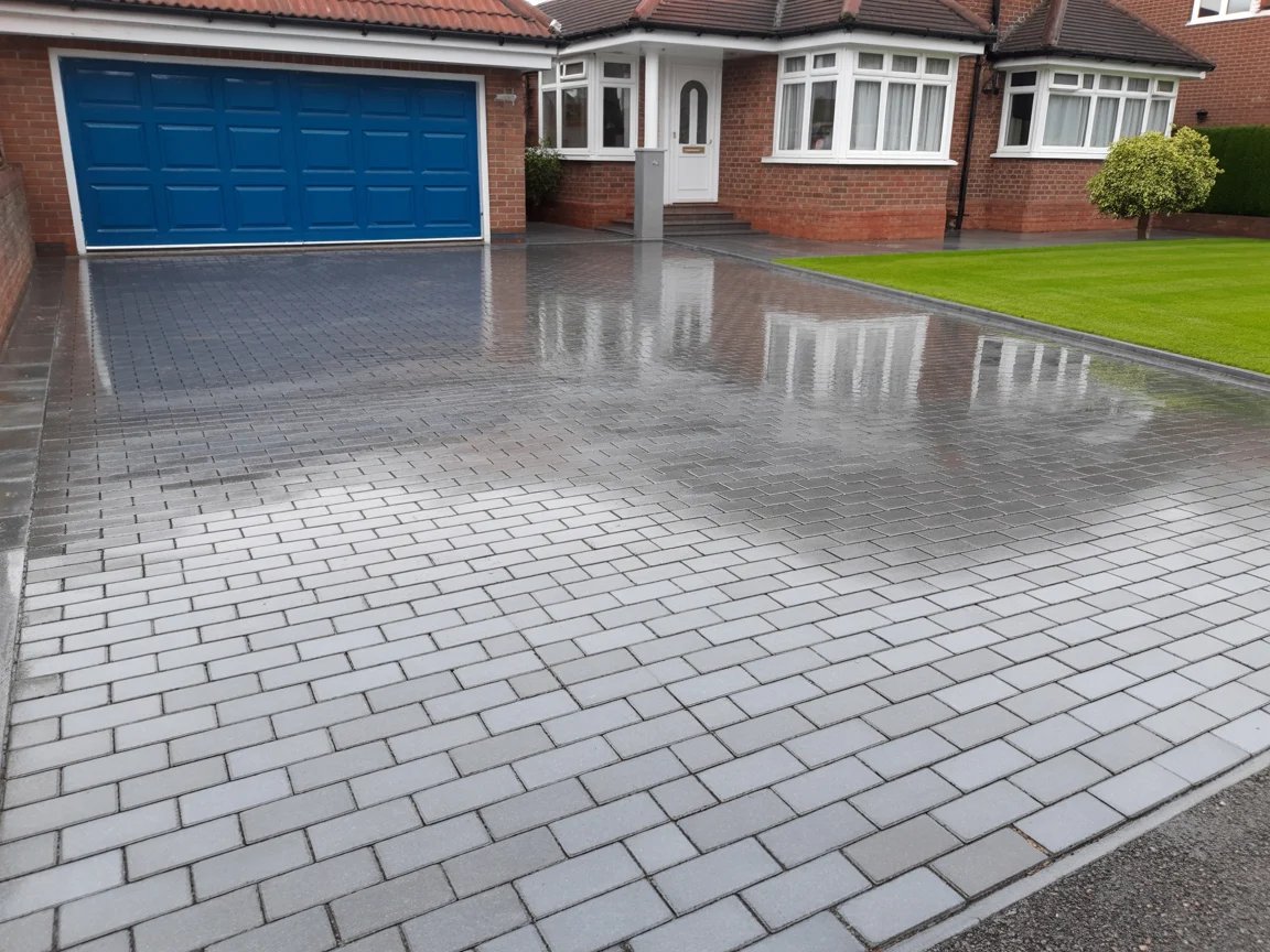 Block-paved driveway restored by professional jet washing, showing a clean reflective finish