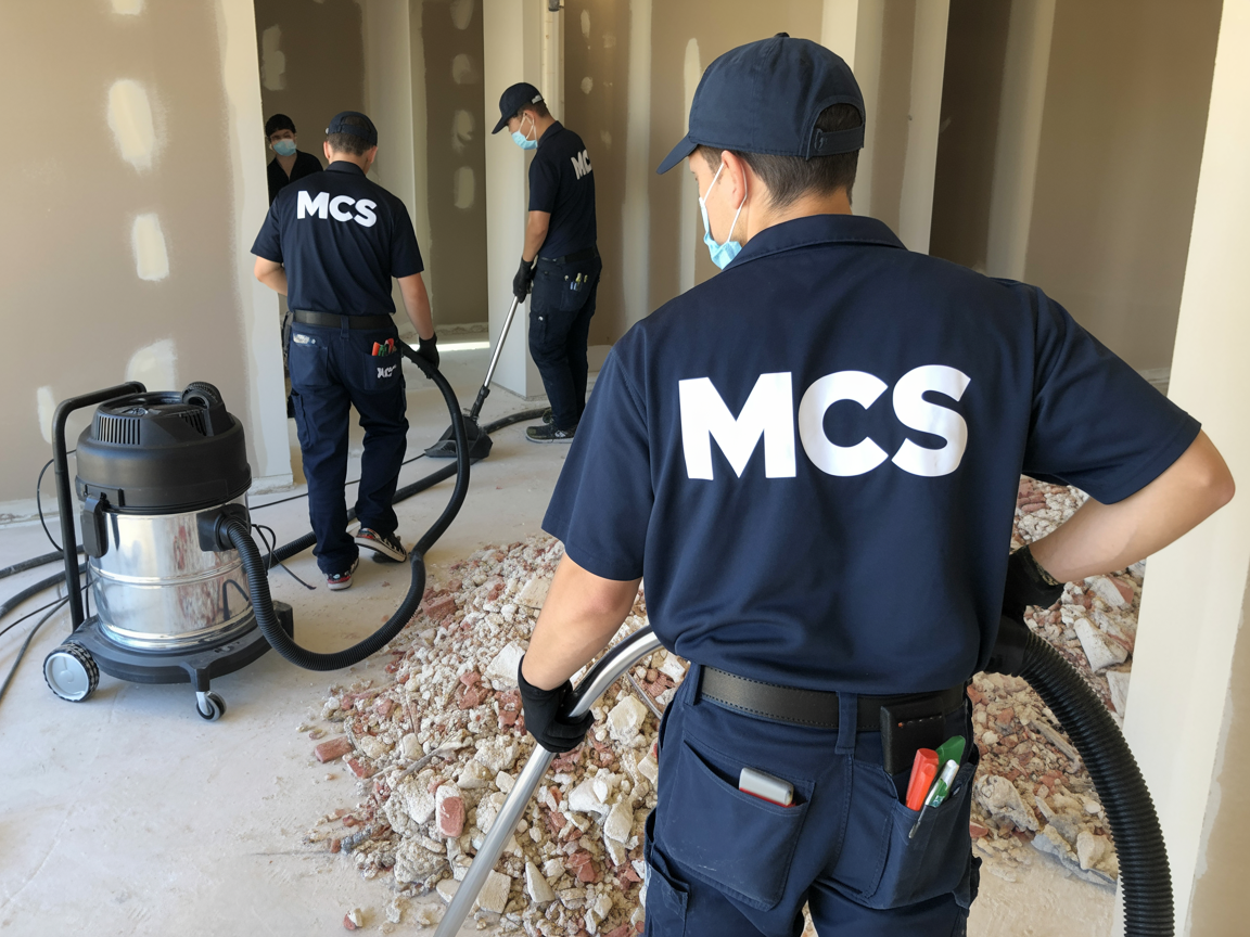 Professional post-construction cleaning removing dust and debris from newly built property